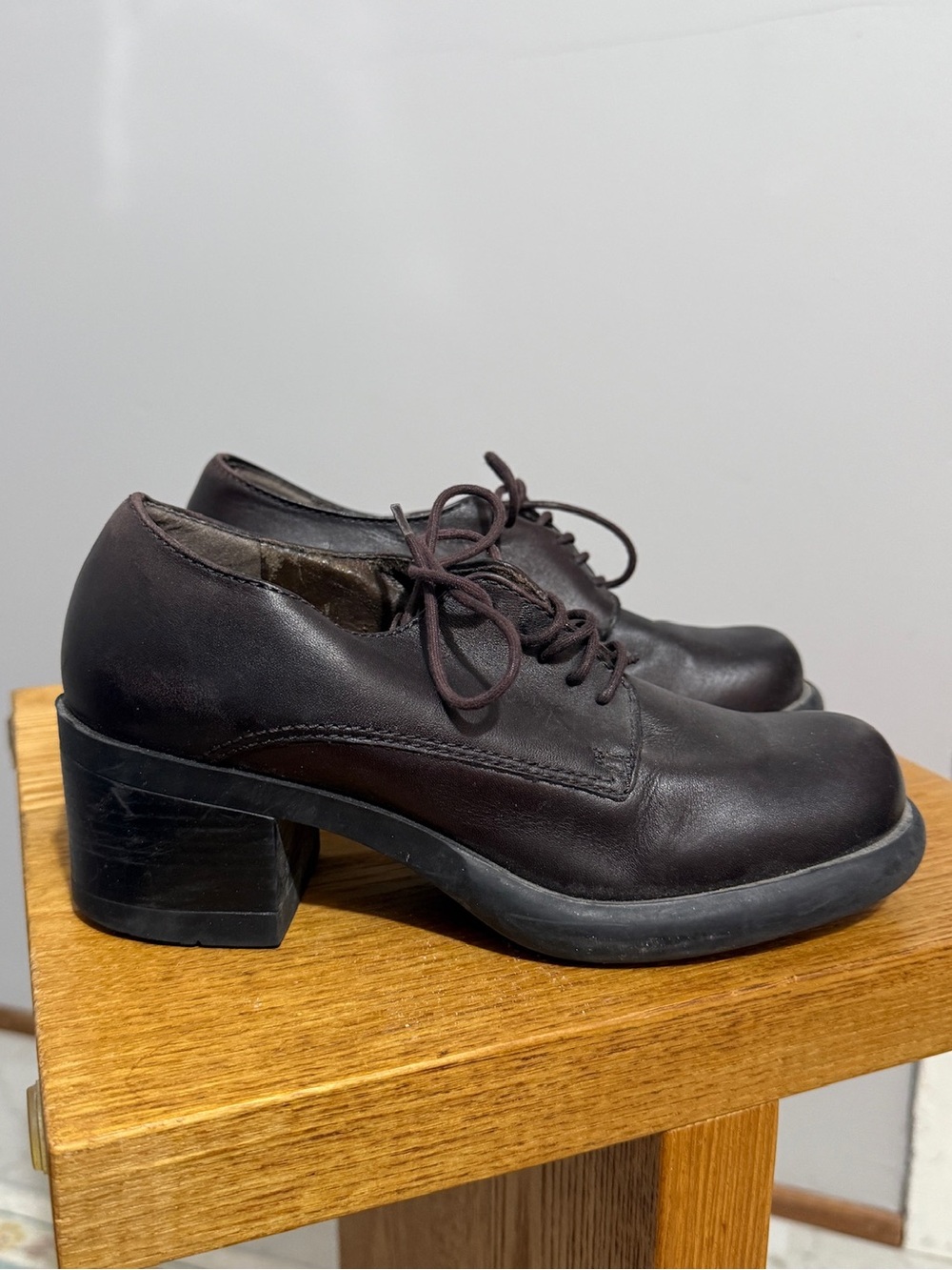 Nine West Crockett Oxfords Shoes Womens 7 Brown Leather Lace Up Chunky Heel Y2K